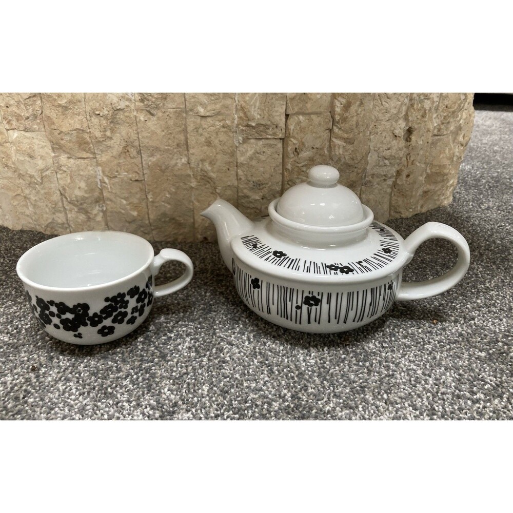 Vtg Toscany Collection Solo Teapot Cup for One‎ Black White Floral Fine China